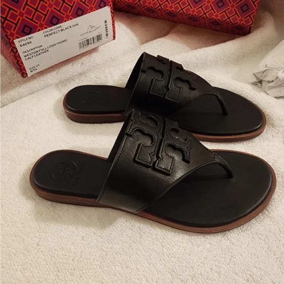 NIB Tory Burch Weston Full Logo Thong - Perfect Black - 6.5 - Picture 3 of 6